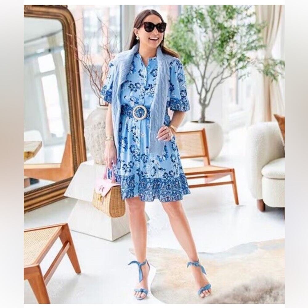 Sail to Sable x Style Charade Floral Shirt Dress Womens Large L NWT Ruffle Belt